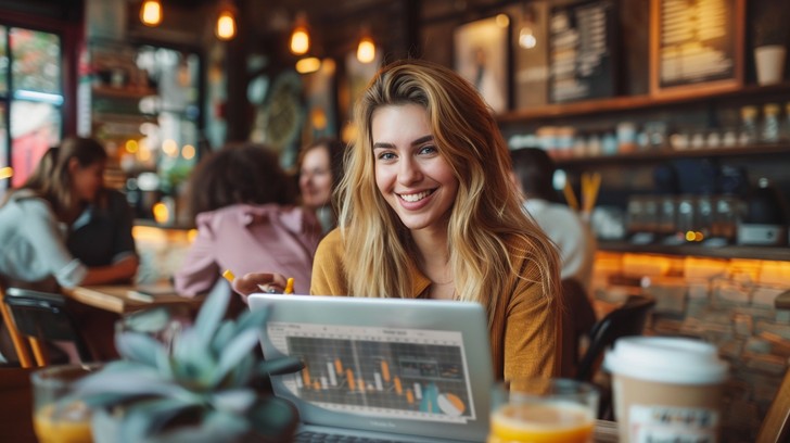 A person working on their laptop with a coffee at a sunlit café table, reviewing job listings on a warm work day