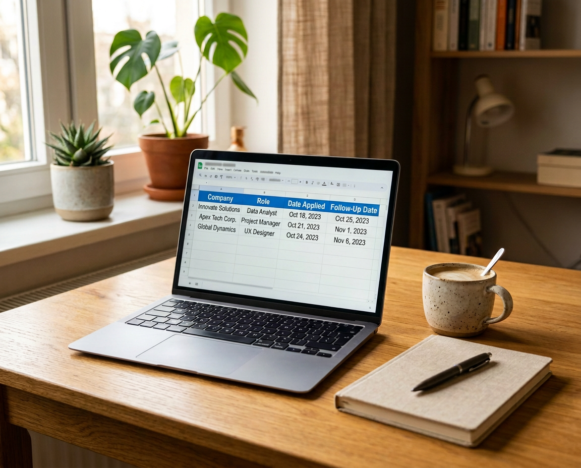 A job application tracking spreadsheet open on a laptop, showing columns for company, role, and follow up date
